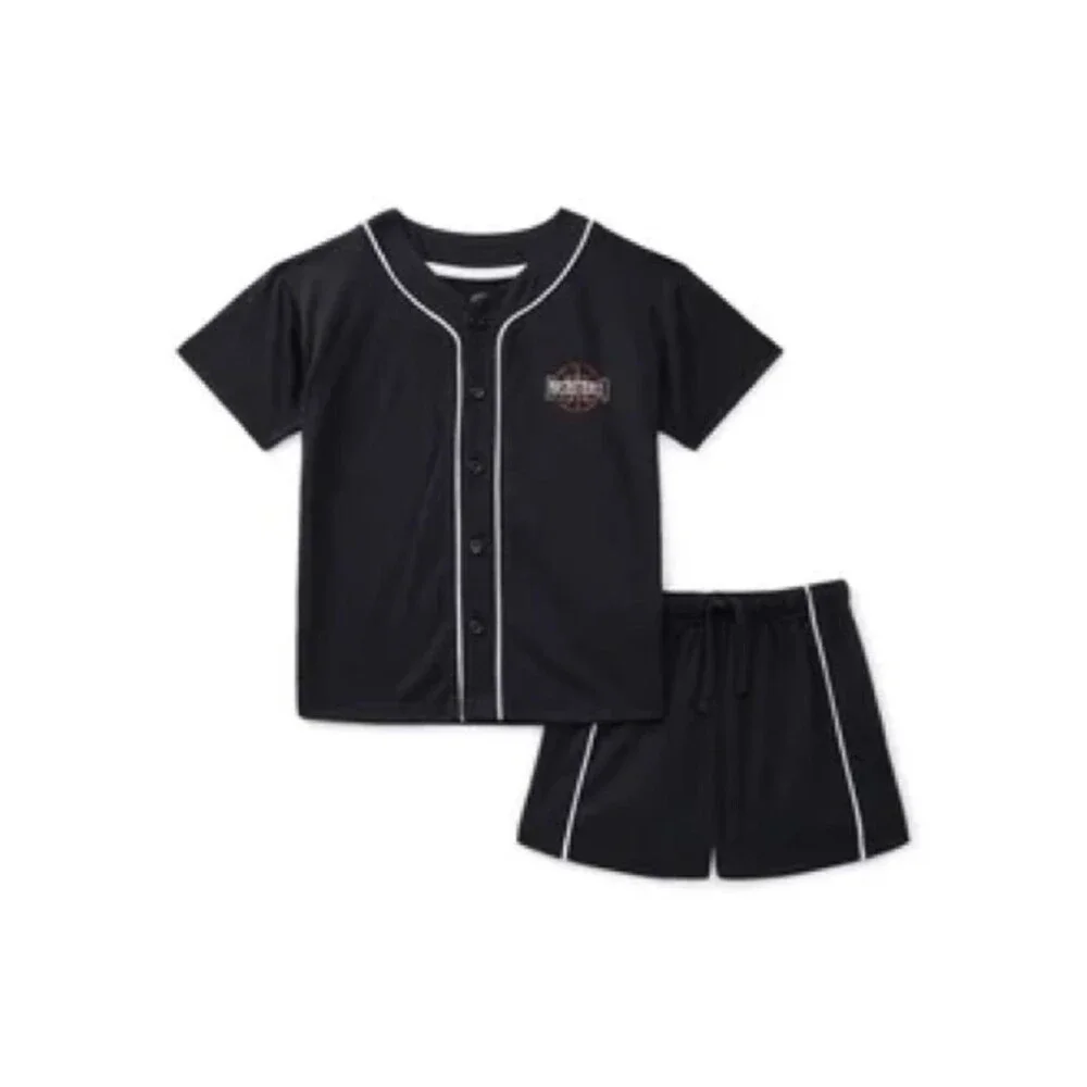 wonder nation 2 pc Black Button-Up Top with White Piping and short set sleepwear